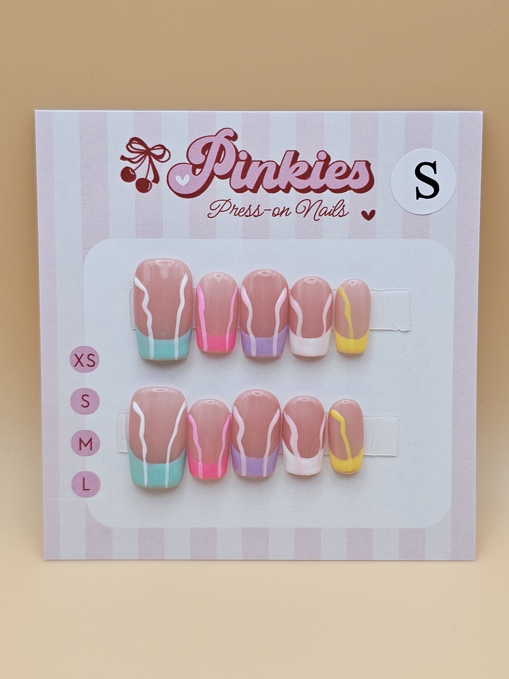 Size S Press-on Nails Set 10pc Square Colorful French Tips Blue Pink Purple